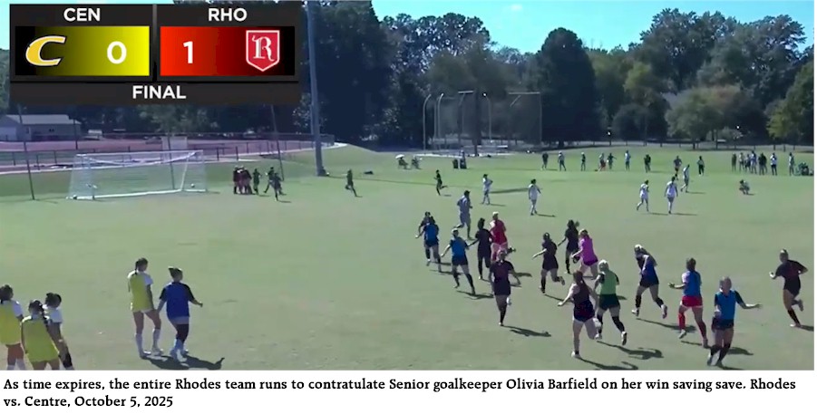 Rhodes teams runs to congratulate Olivia Barfield on her win-saving-save, vs. Centre